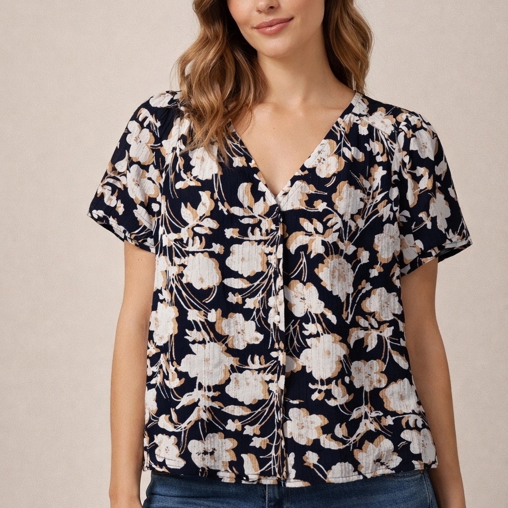 Loft Navy Floral V-Neck Women Top Size Small